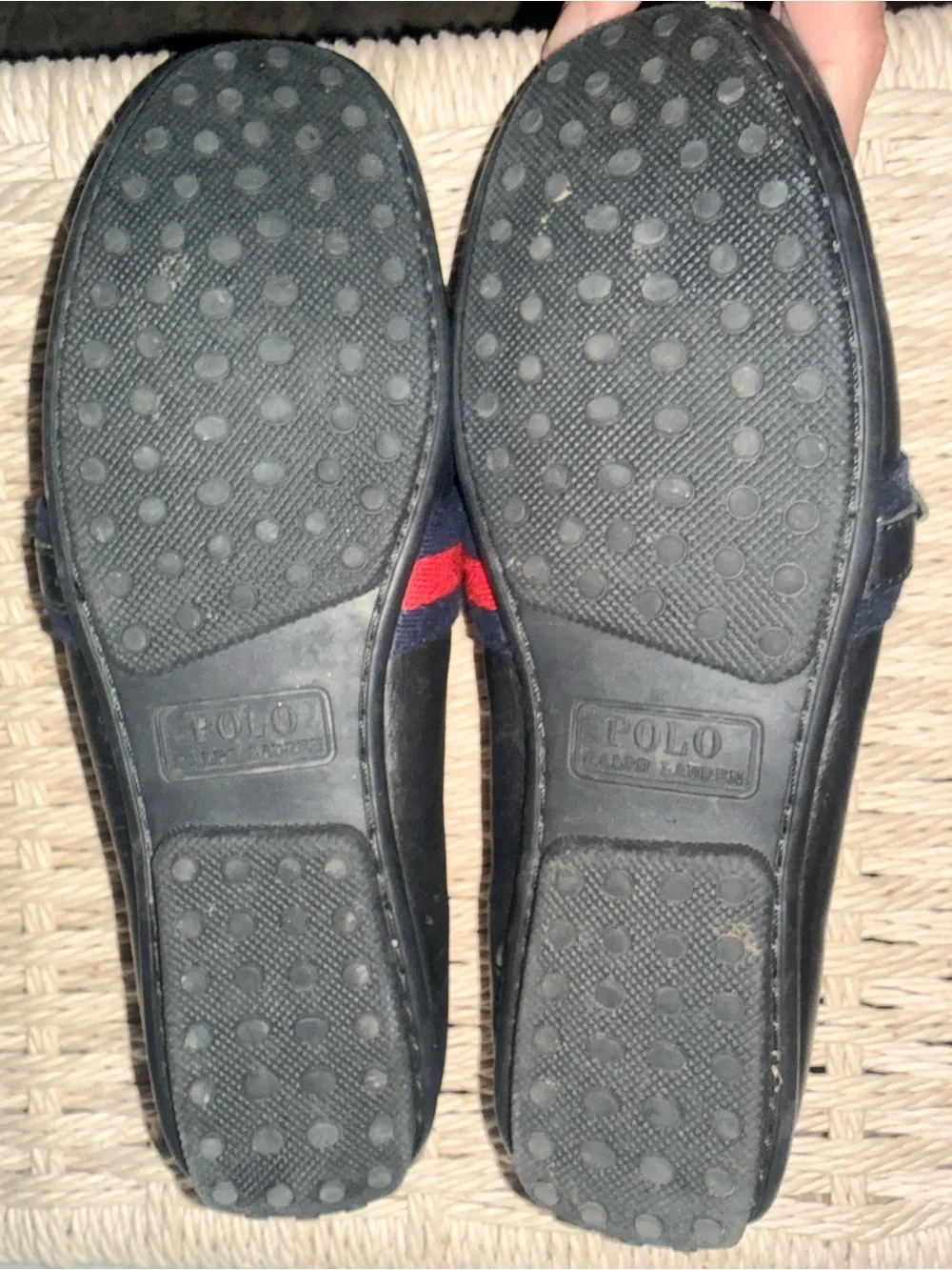 Polo by Ralph Lauren Black Leather Loafers with Navy & Red Webbing